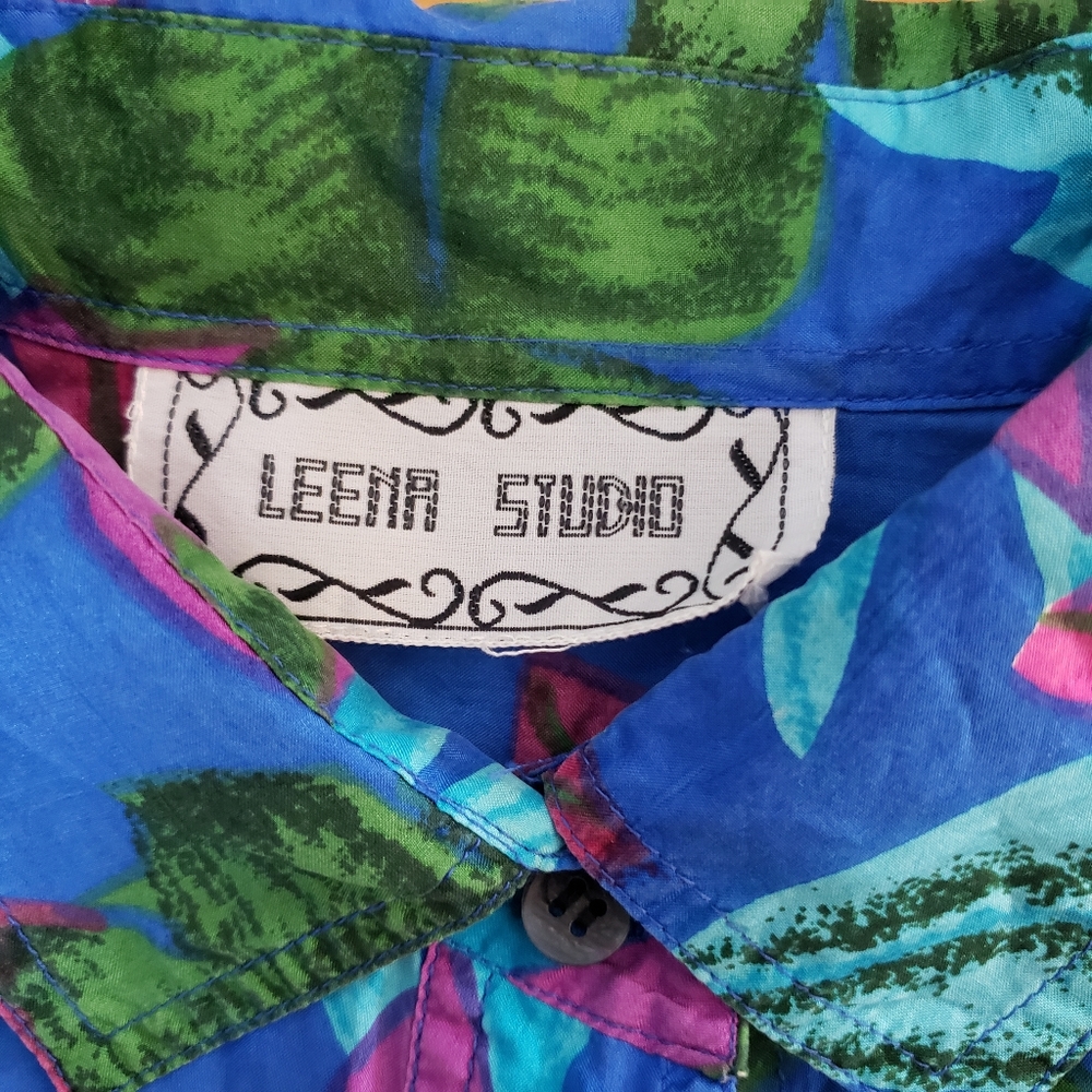 Vintage Silk Blouse Size 1X Button Up Shirt Tropical Blue Pockets Leena Studio - Picture 5 of 12